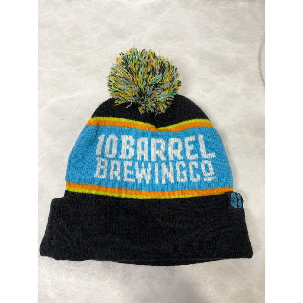 10 Barrel Brewing Co Beanie Hat Black Blue Pom Pom Knit Cuffed Winter Cap